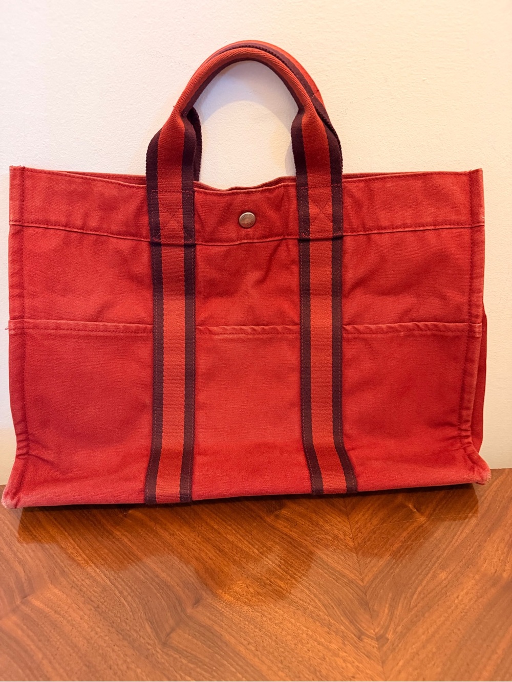 Vintage Hermes Fourre-Tout MM Huroto Red Canvas Tote Bag with Striped Handles